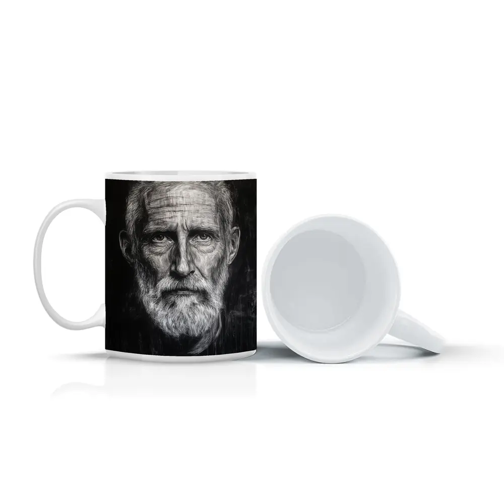 Old Man Portrait Black White Charcoal Art – Mugs