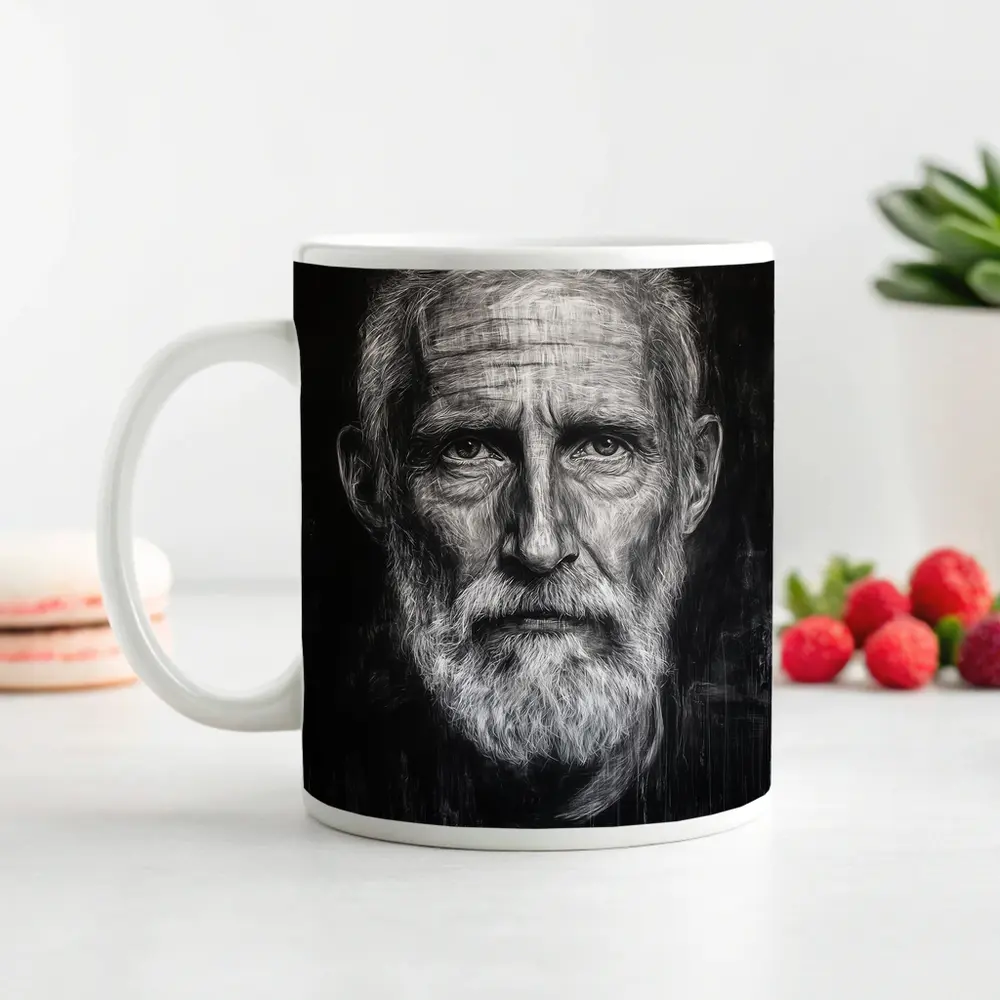 Old Man Portrait Black White Charcoal Art – Mugs
