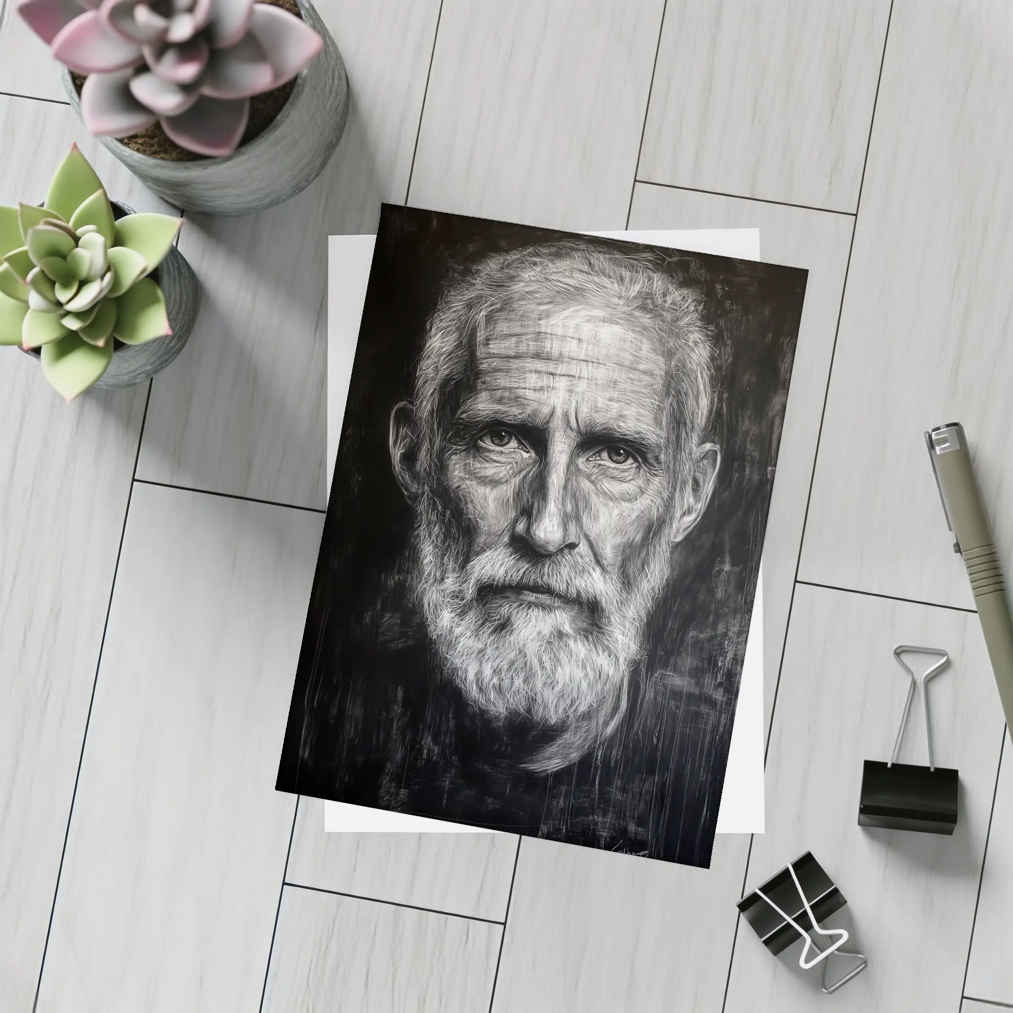 Old Man Portrait Black White Charcoal Art – Postcards