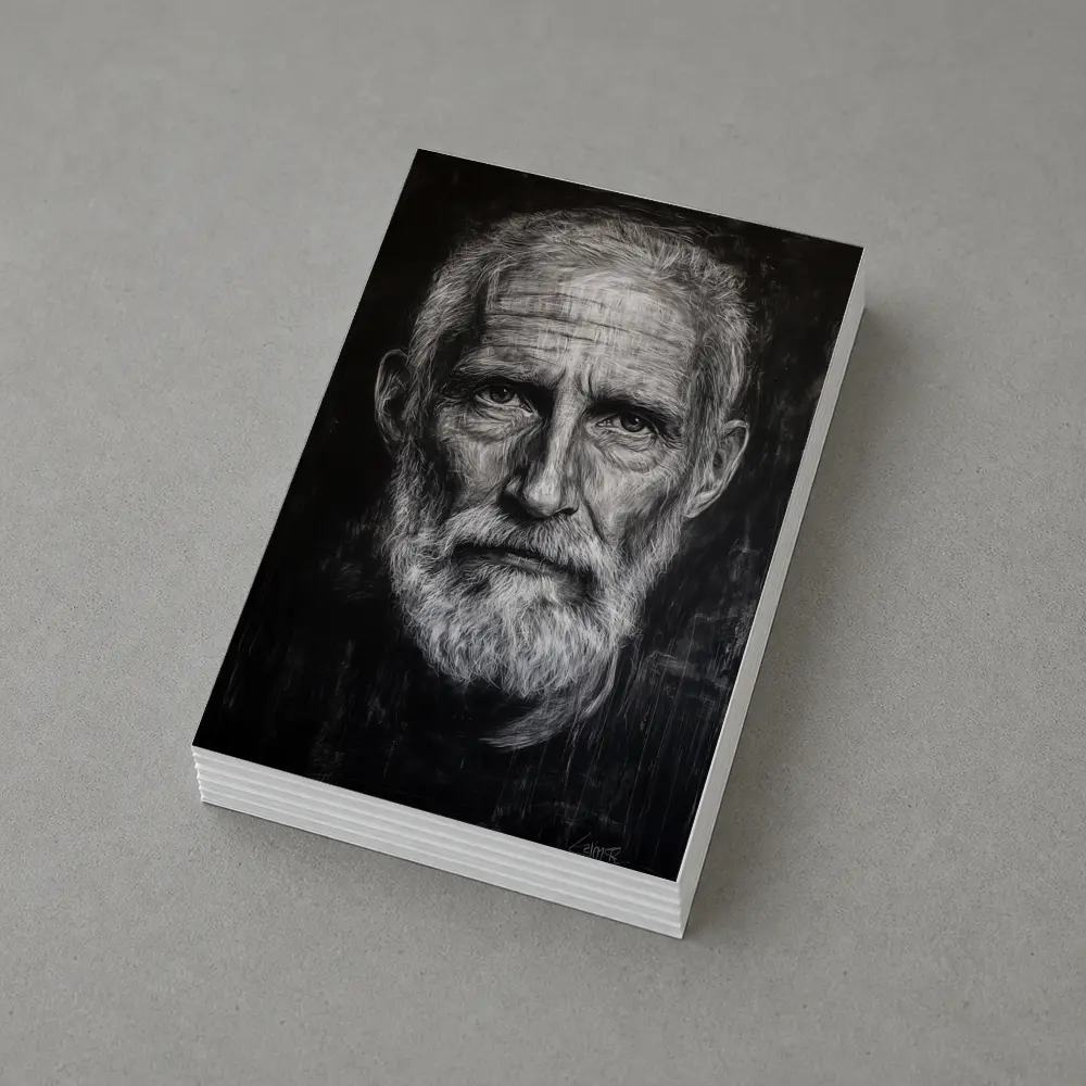 Old Man Portrait Black White Charcoal Art – Postcards