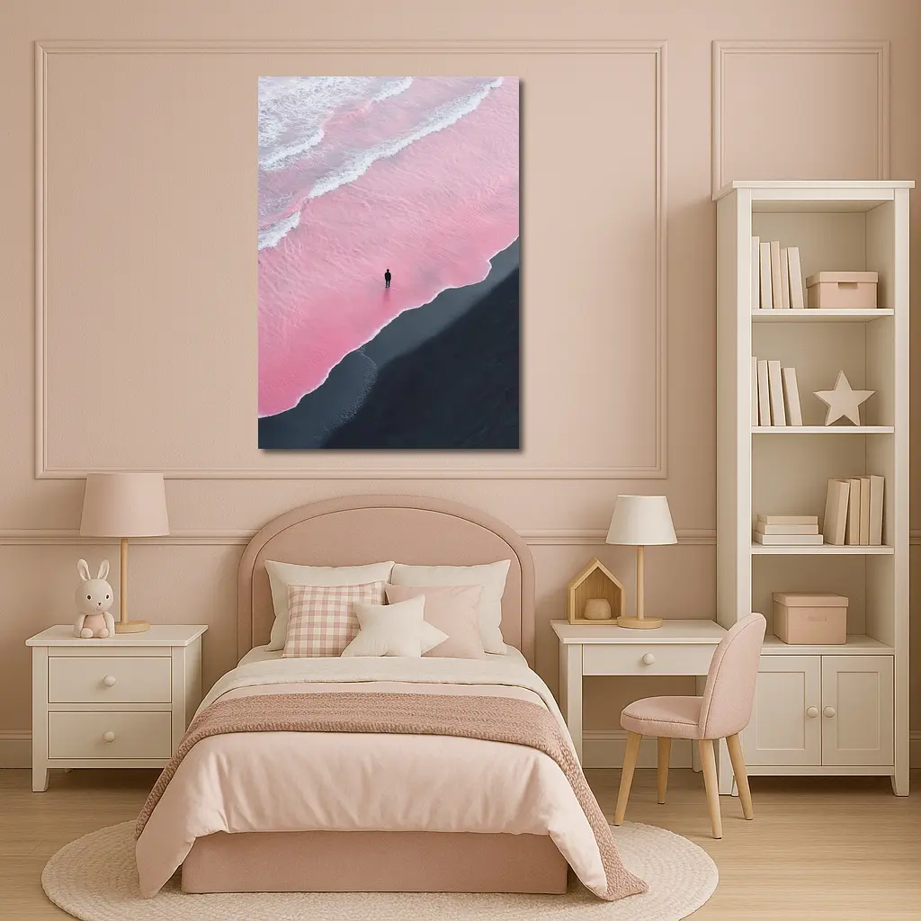 Lone Figure Pink Ocean Black Sand Beach – Wall Art