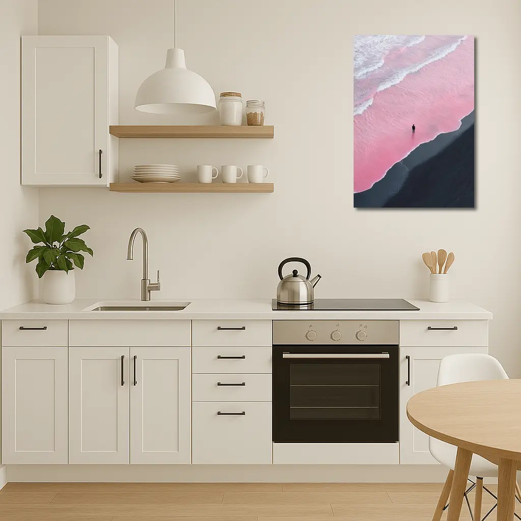 Lone Figure Pink Ocean Black Sand Beach – Wall Art