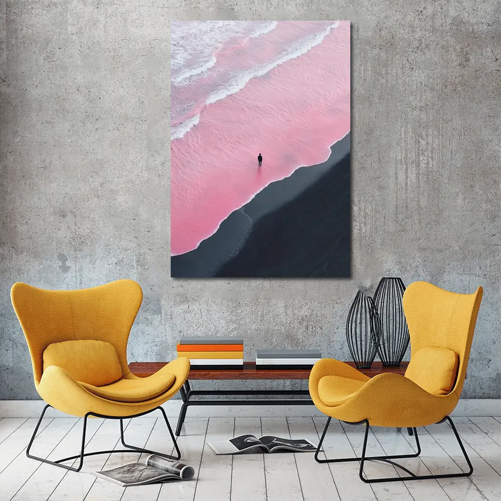 Lone Figure Pink Ocean Black Sand Beach – Wall Art