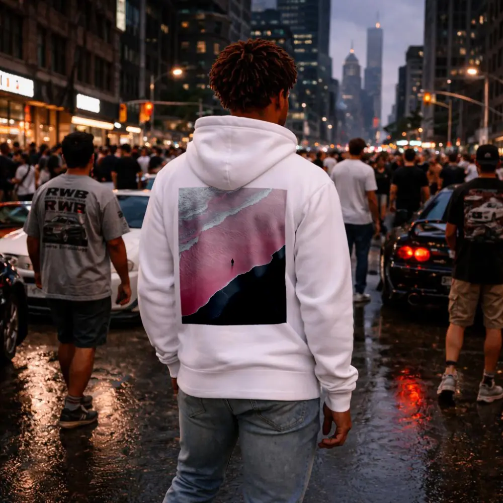 Lone Figure Pink Ocean Black Sand Beach – Hoodies