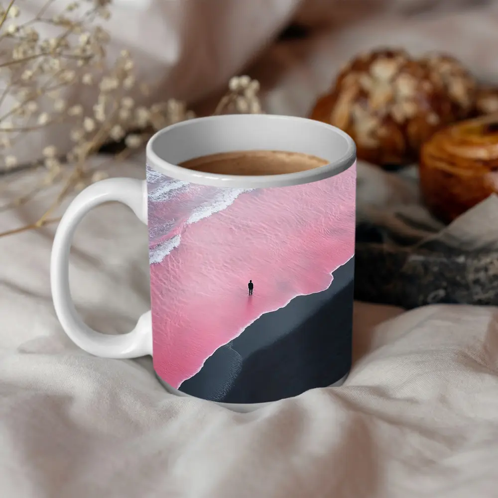 Lone Figure Pink Ocean Black Sand Beach – Mugs
