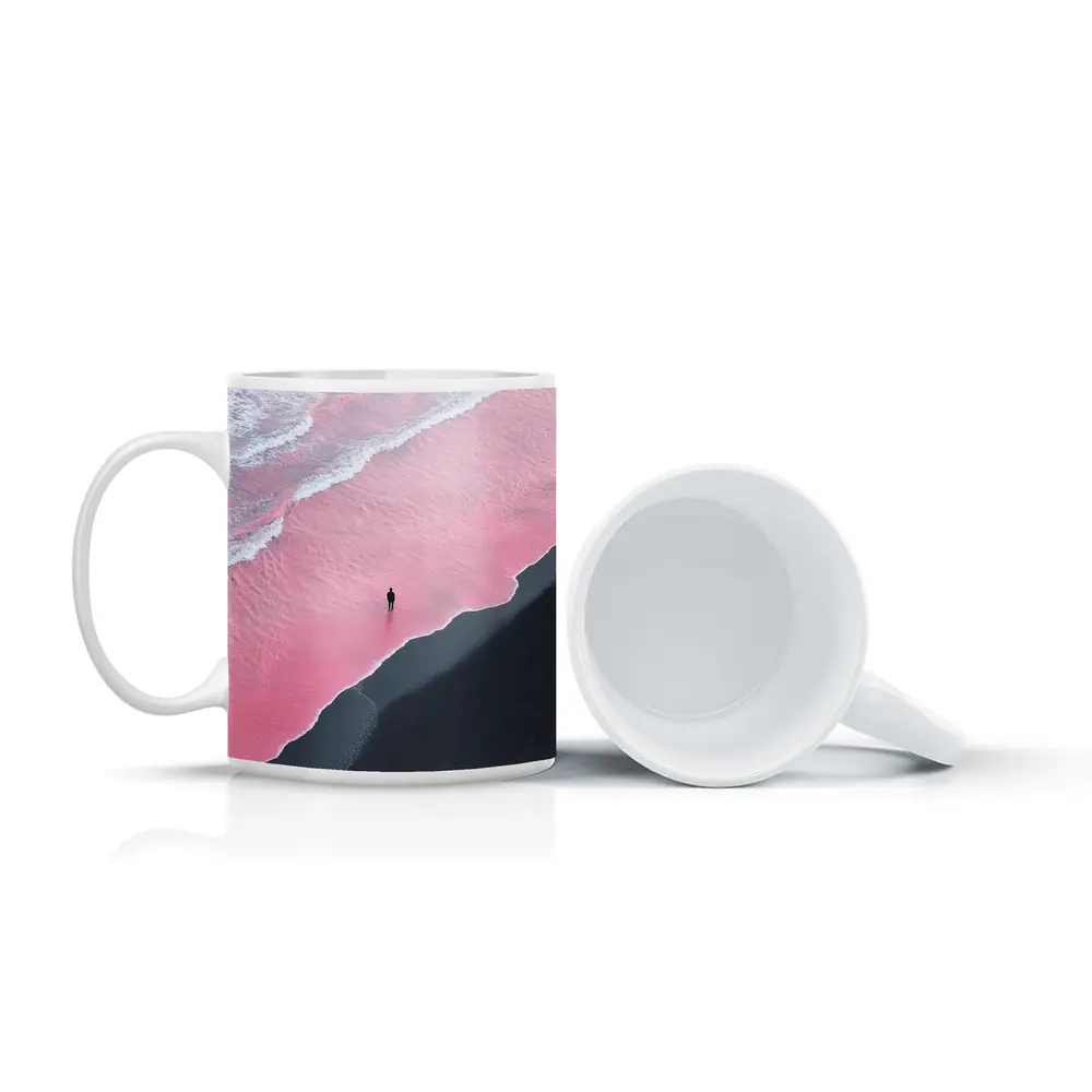 Lone Figure Pink Ocean Black Sand Beach – Mugs