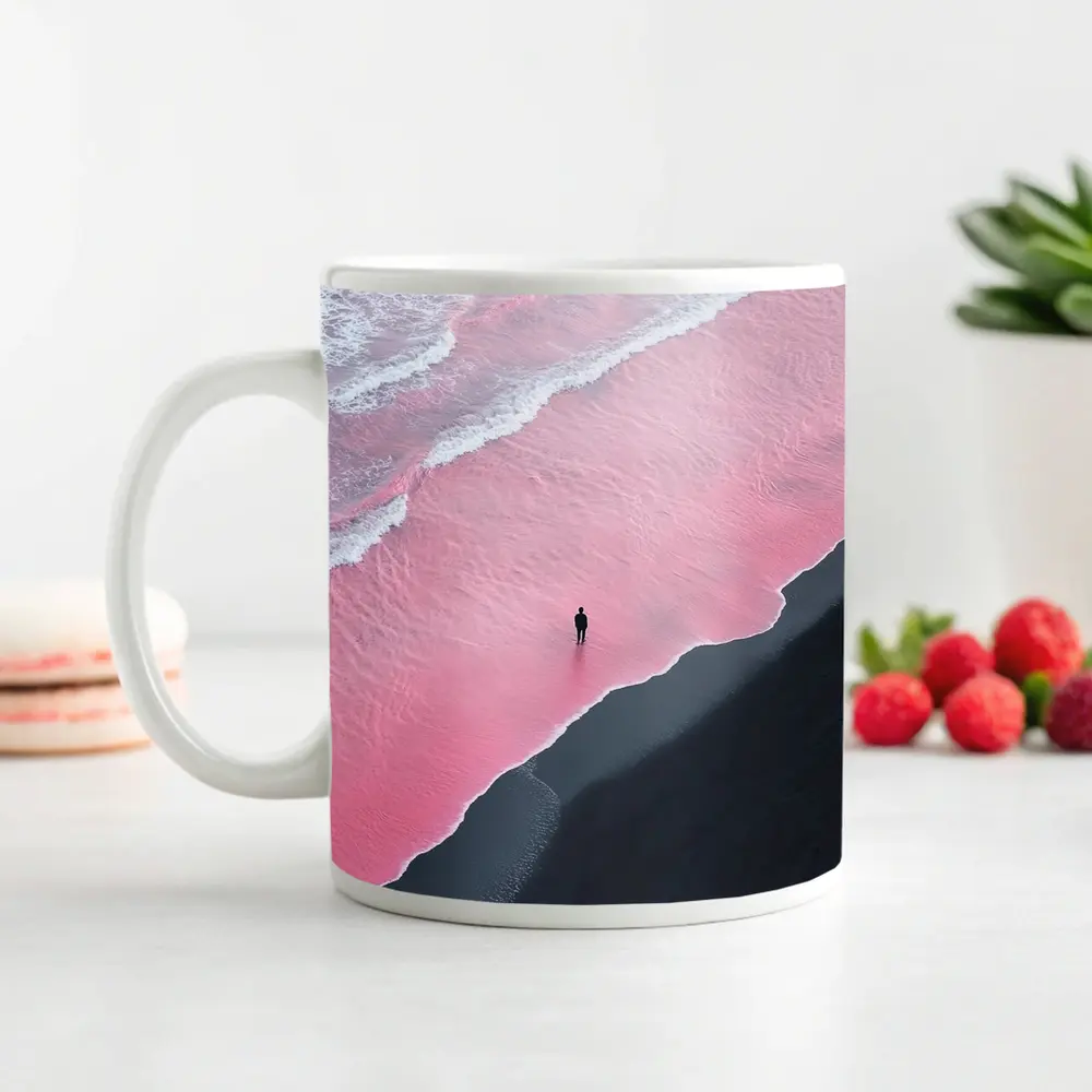 Lone Figure Pink Ocean Black Sand Beach – Mugs