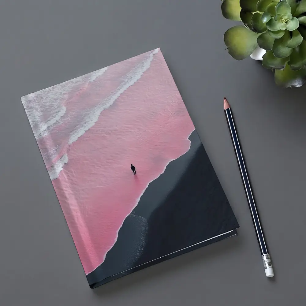 Lone Figure Pink Ocean Black Sand Beach – Notebooks