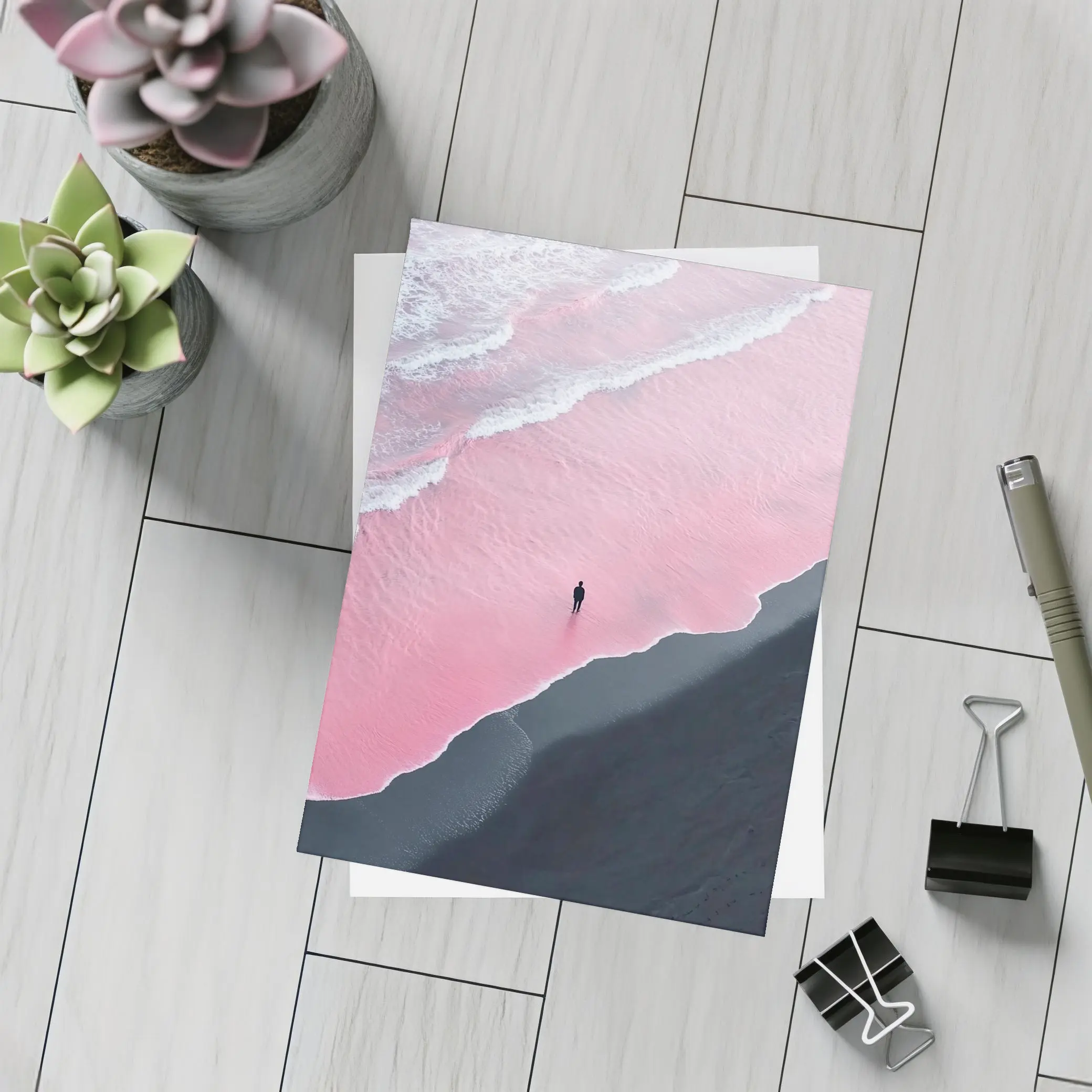 Lone Figure Pink Ocean Black Sand Beach – Postcards