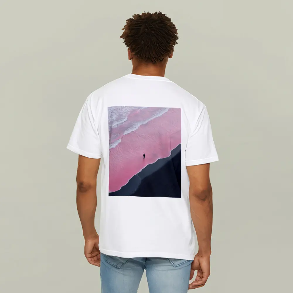 Lone Figure Pink Ocean Black Sand Beach – T-Shirts
