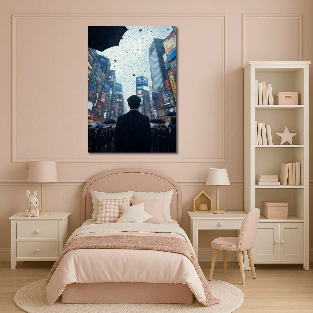 Man Standing in Rainy Tokyo City Street – Wall Art