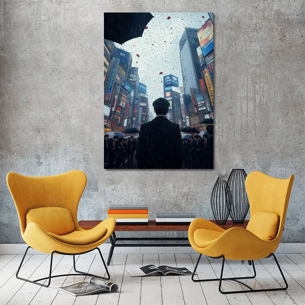 Man Standing in Rainy Tokyo City Street – Wall Art