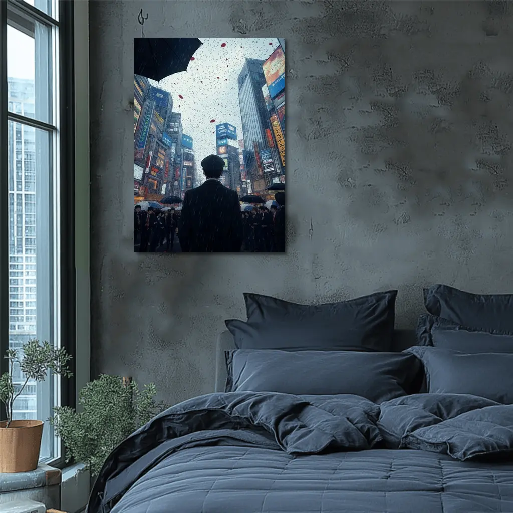 Man Standing in Rainy Tokyo City Street – Wall Art