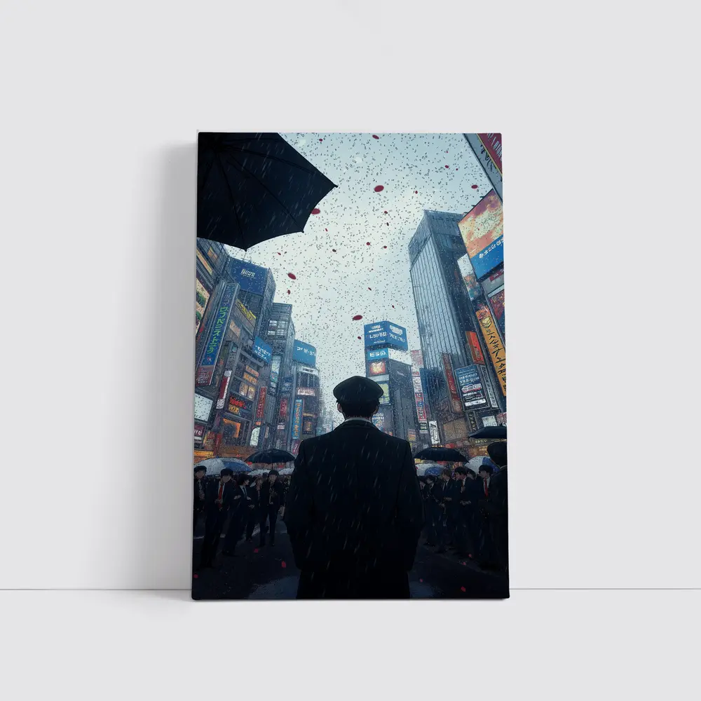 Man Standing in Rainy Tokyo City Street – Wall Art