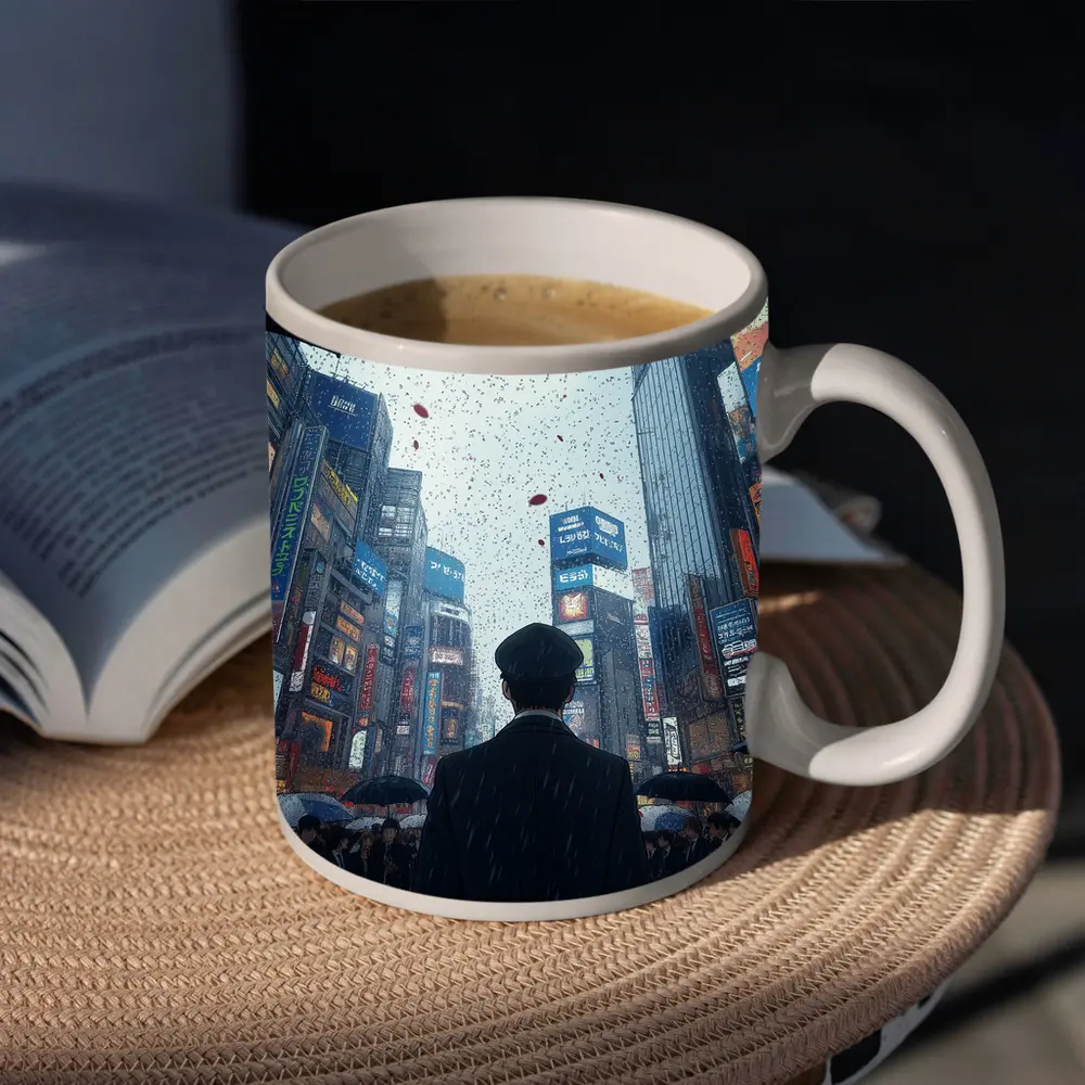 Man Standing in Rainy Tokyo City Street – Mugs