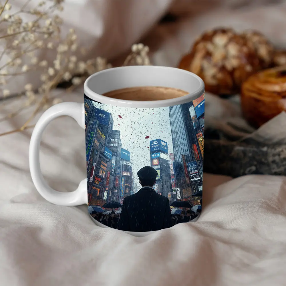 Man Standing in Rainy Tokyo City Street – Mugs