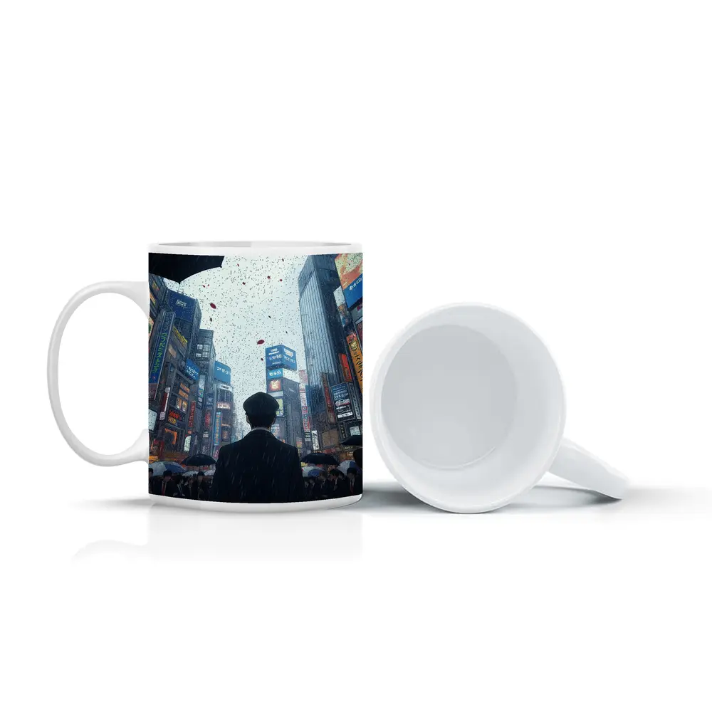 Man Standing in Rainy Tokyo City Street – Mugs