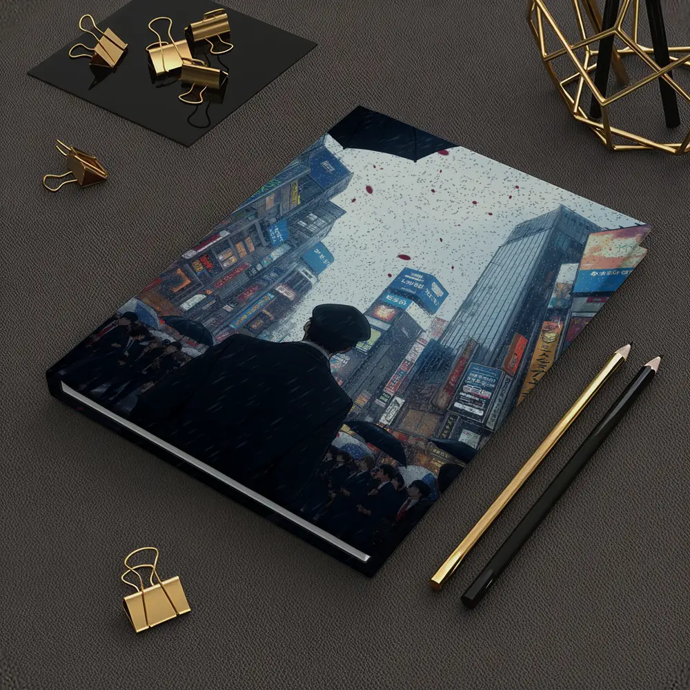 Man Standing in Rainy Tokyo City Street – Notebooks