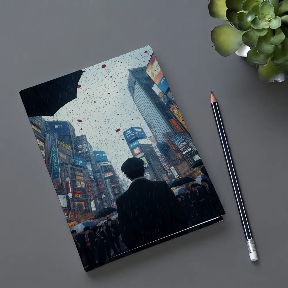 Man Standing in Rainy Tokyo City Street – Notebooks