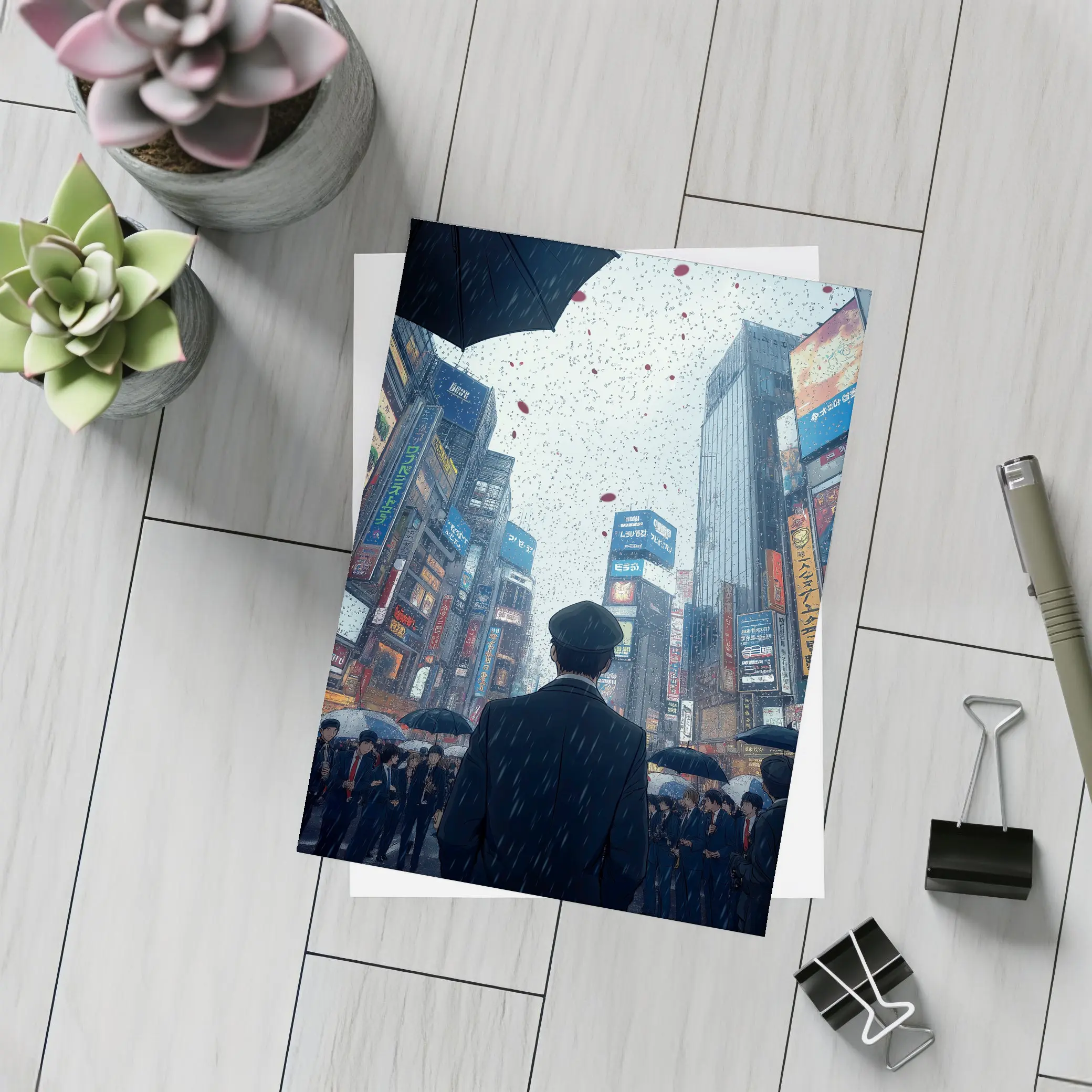 Man Standing in Rainy Tokyo City Street – Postcards