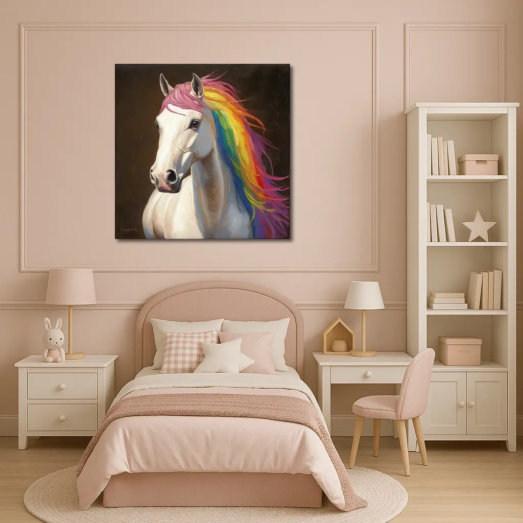 White Horse Rainbow Mane Oil Painting – Wall Art