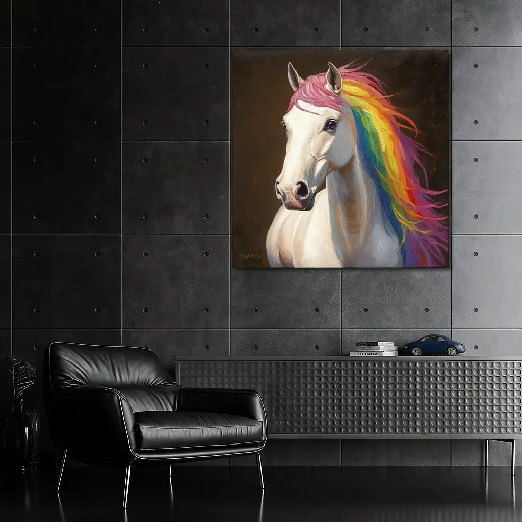 White Horse Rainbow Mane Oil Painting – Wall Art