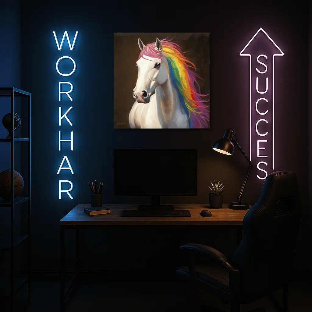 White Horse Rainbow Mane Oil Painting – Wall Art