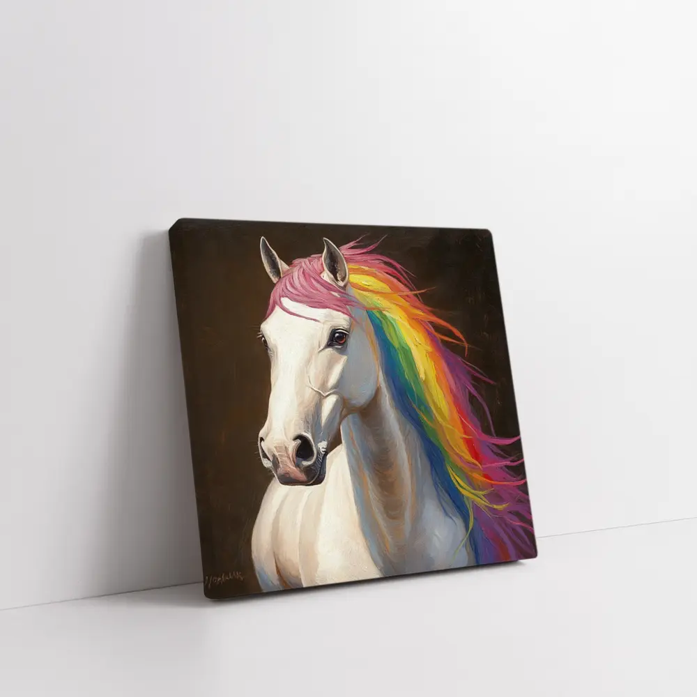 White Horse Rainbow Mane Oil Painting – Wall Art