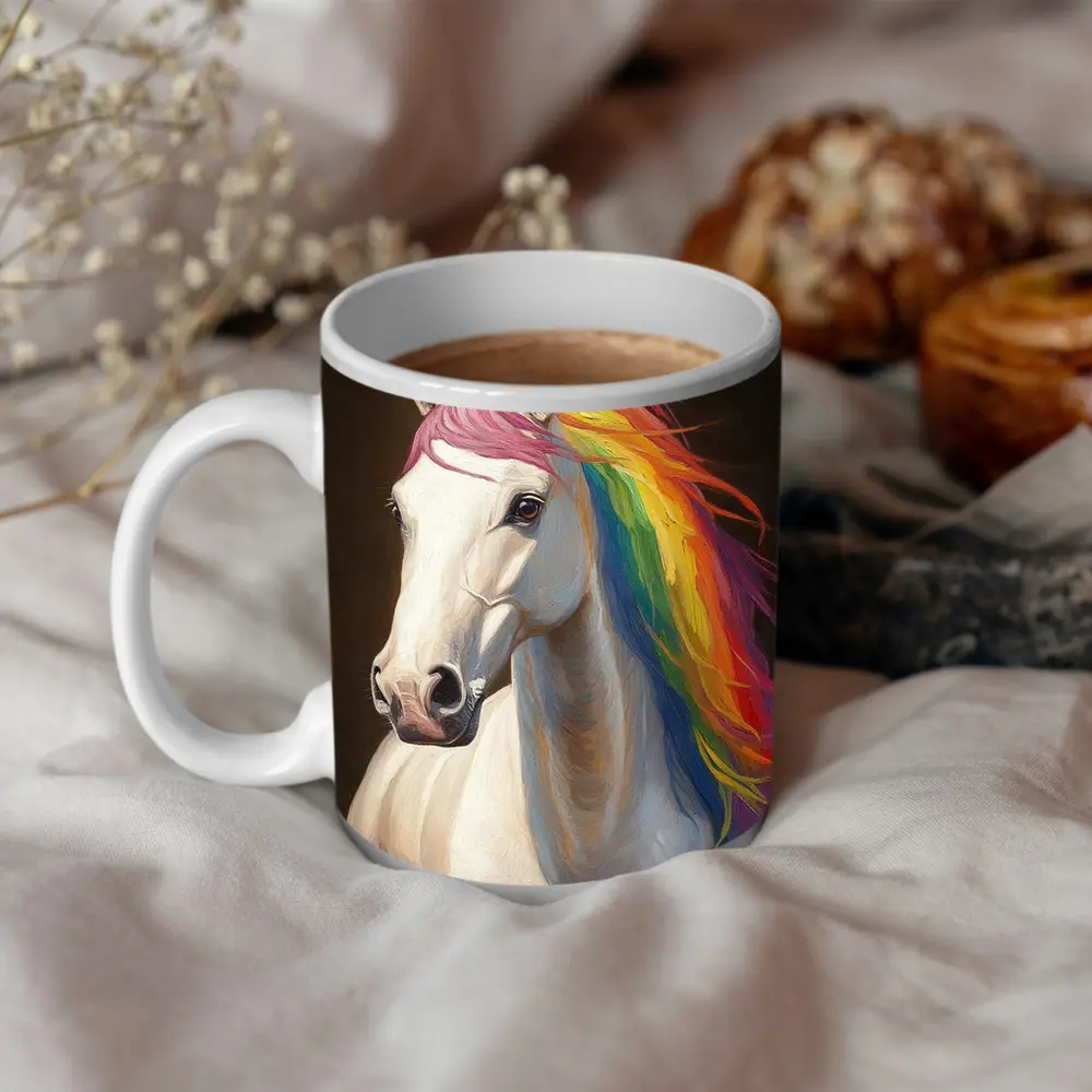 White Horse Rainbow Mane Oil Painting – Mugs