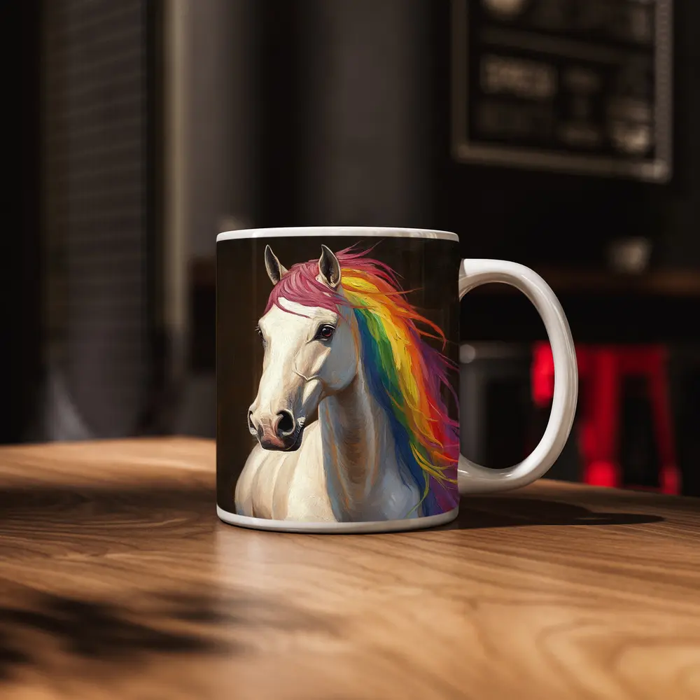 White Horse Rainbow Mane Oil Painting – Mugs
