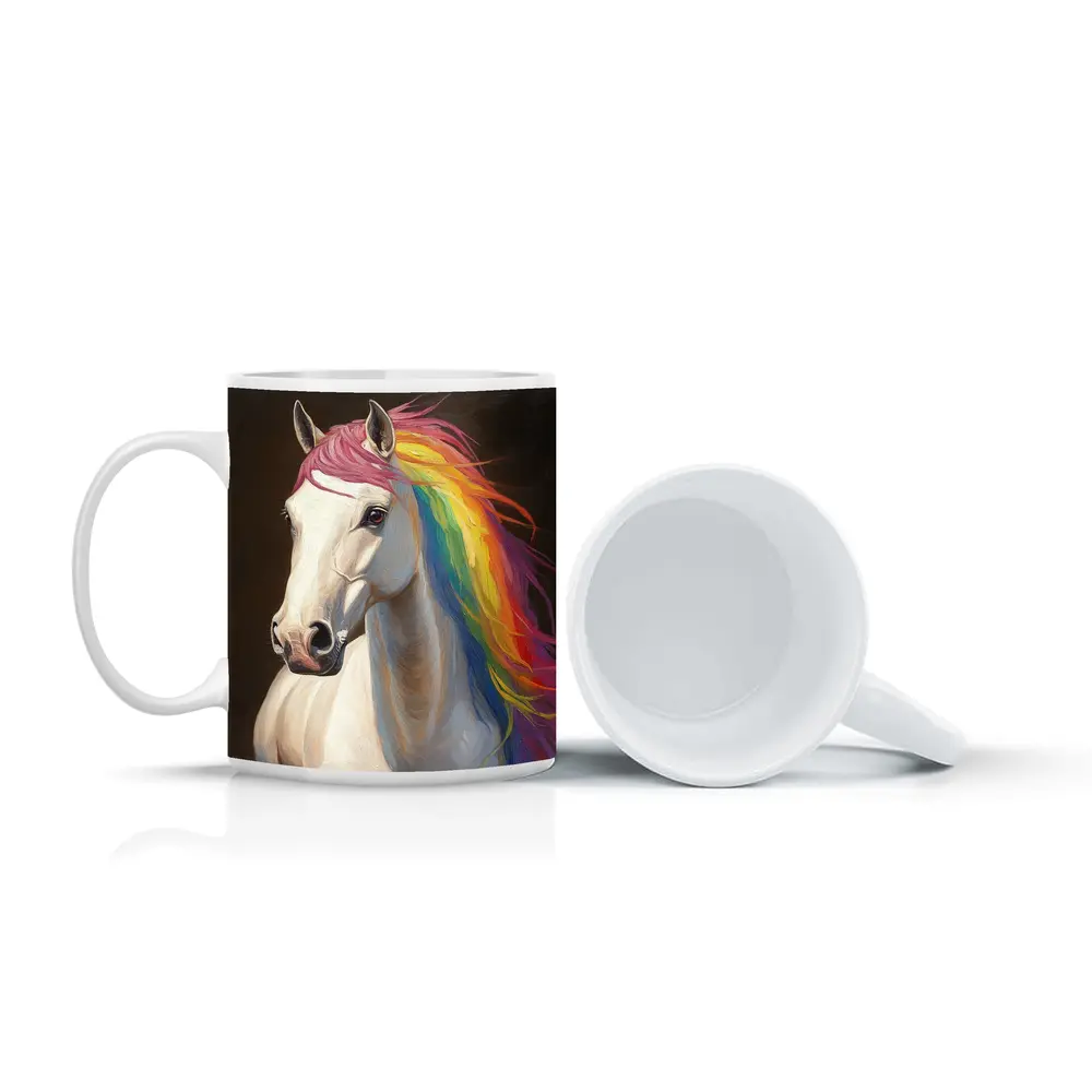 White Horse Rainbow Mane Oil Painting – Mugs