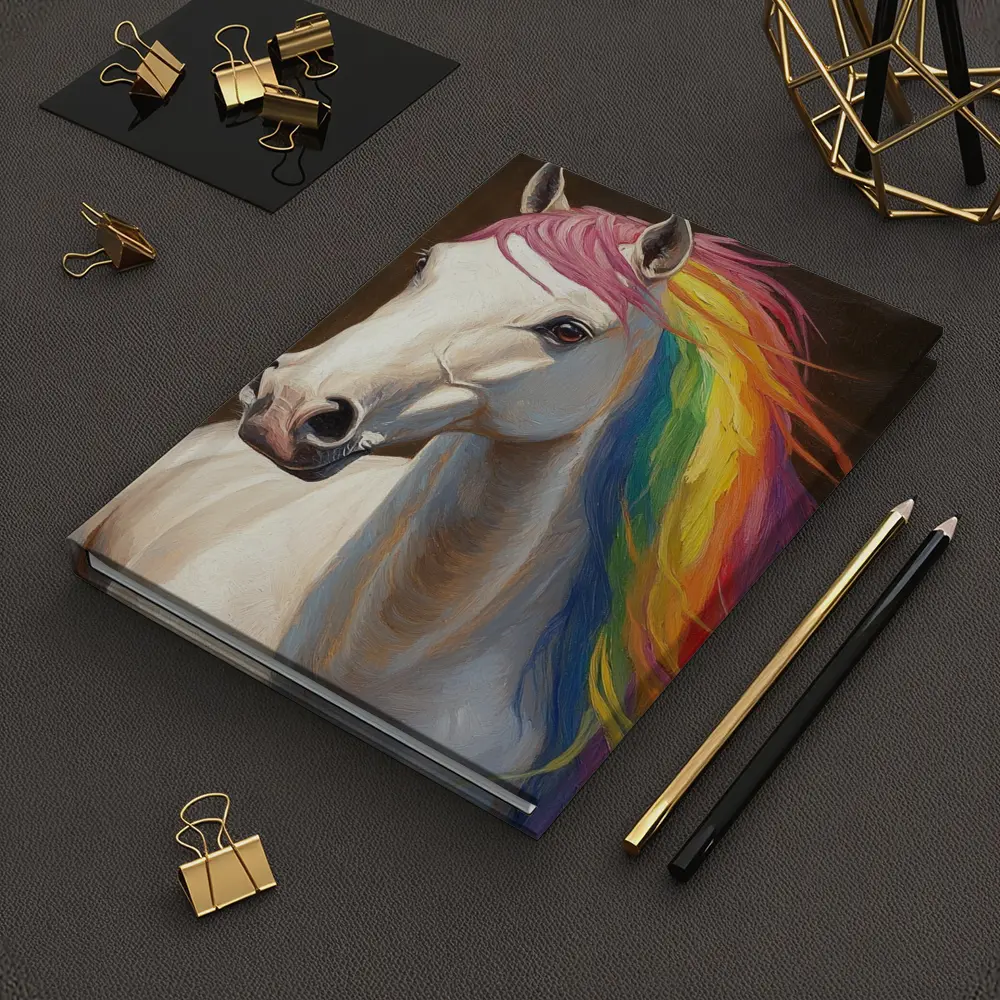 White Horse Rainbow Mane Oil Painting – Notebooks