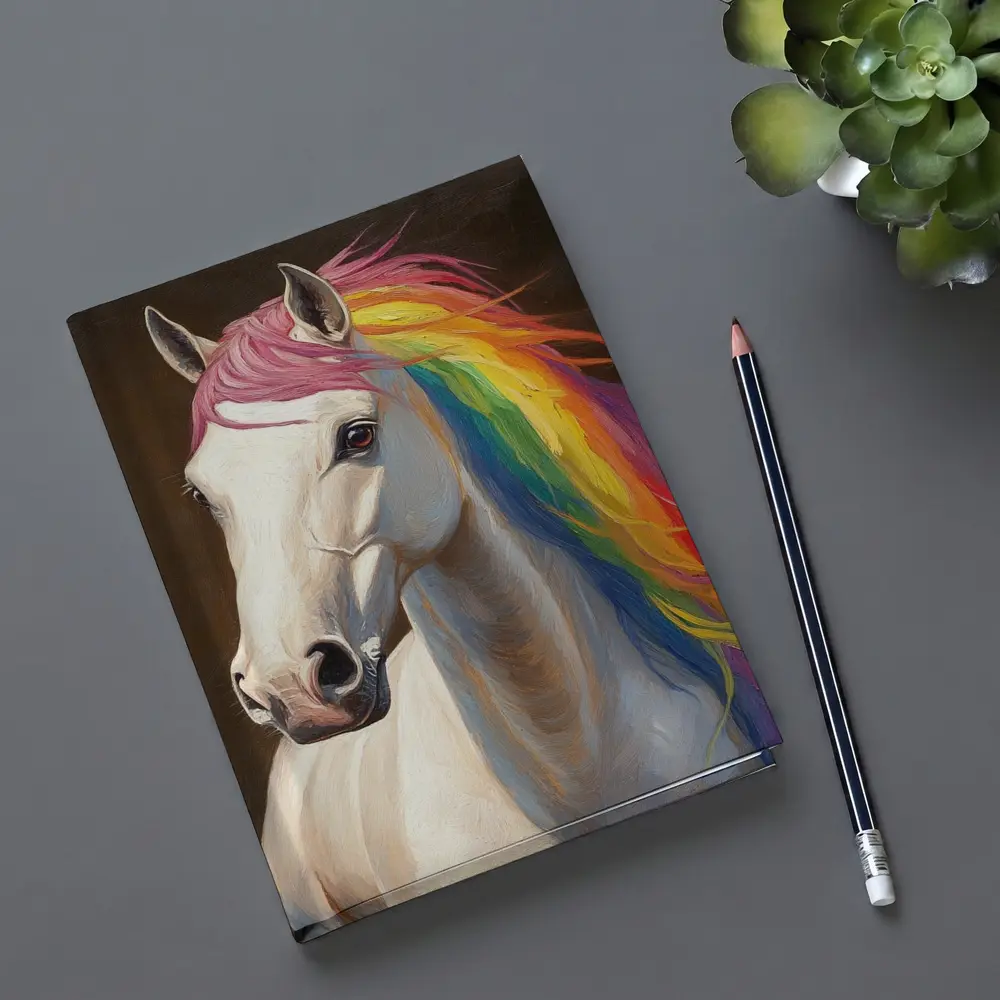White Horse Rainbow Mane Oil Painting – Notebooks