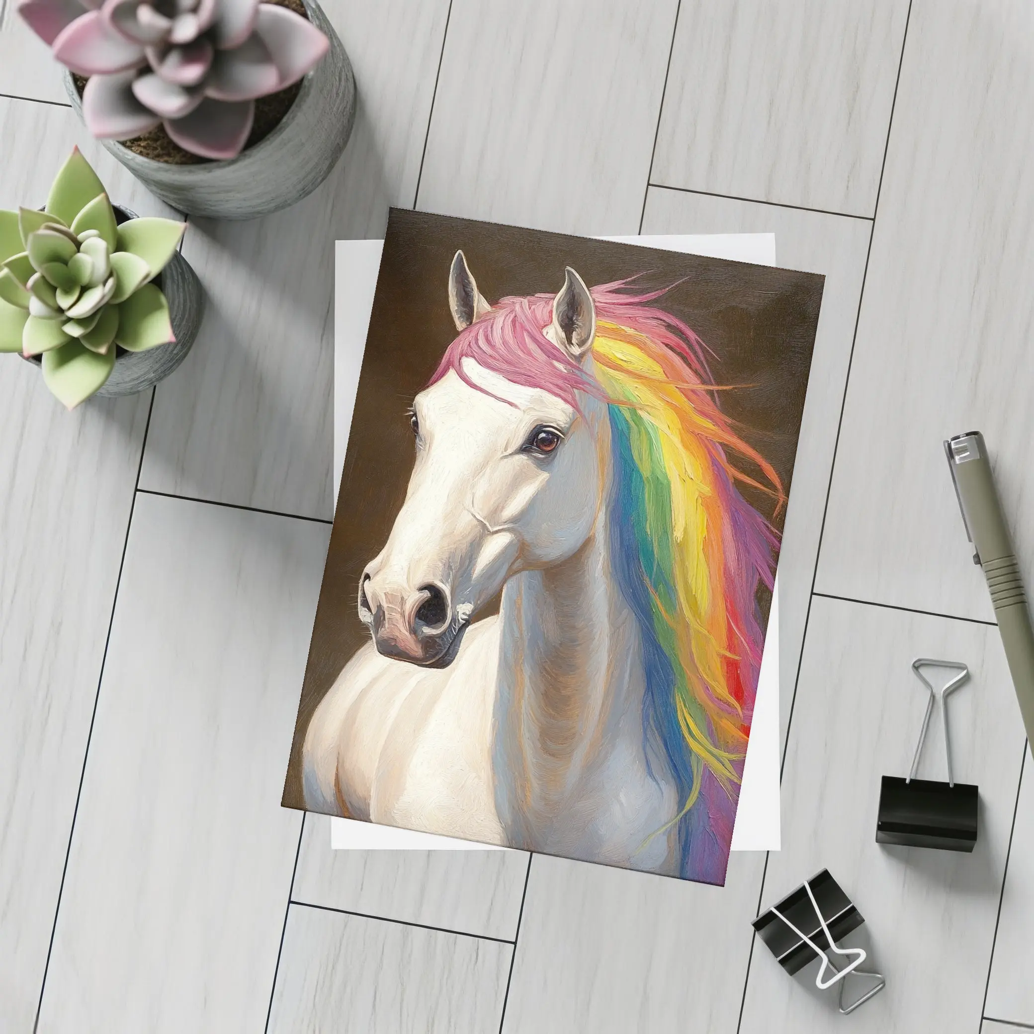 White Horse Rainbow Mane Oil Painting – Postcards