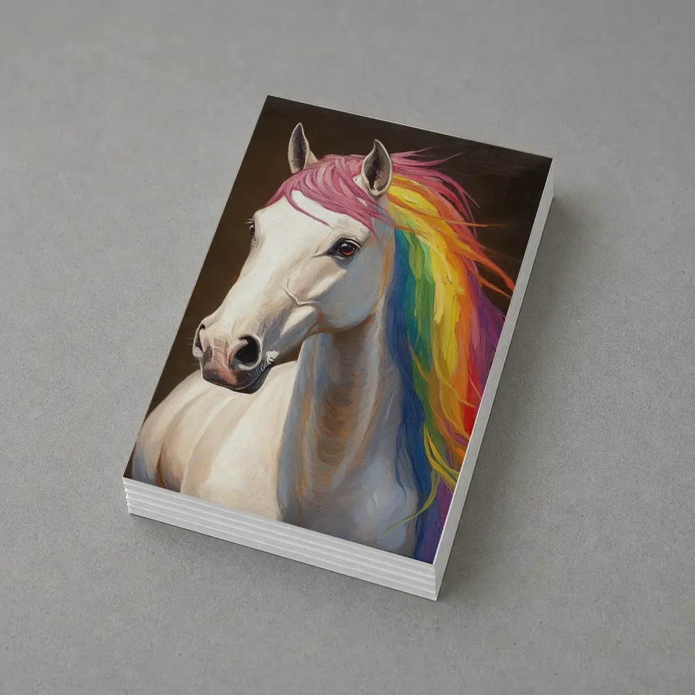 White Horse Rainbow Mane Oil Painting – Postcards
