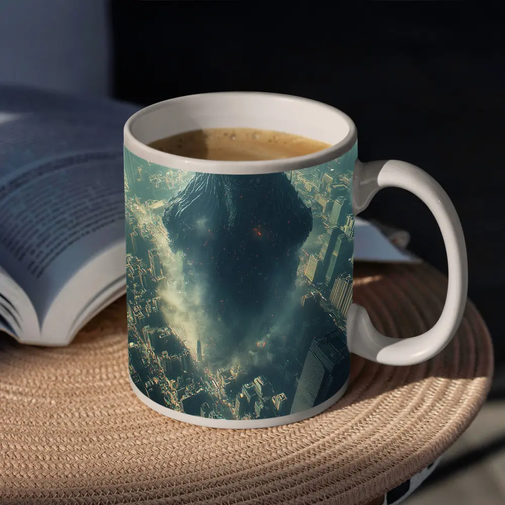 Dark Giant Monster Rising Over City – Mugs