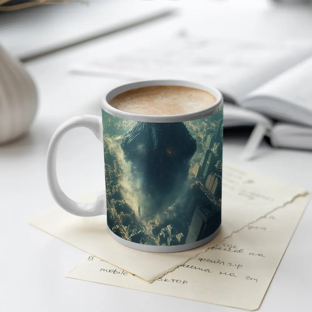 Dark Giant Monster Rising Over City – Mugs