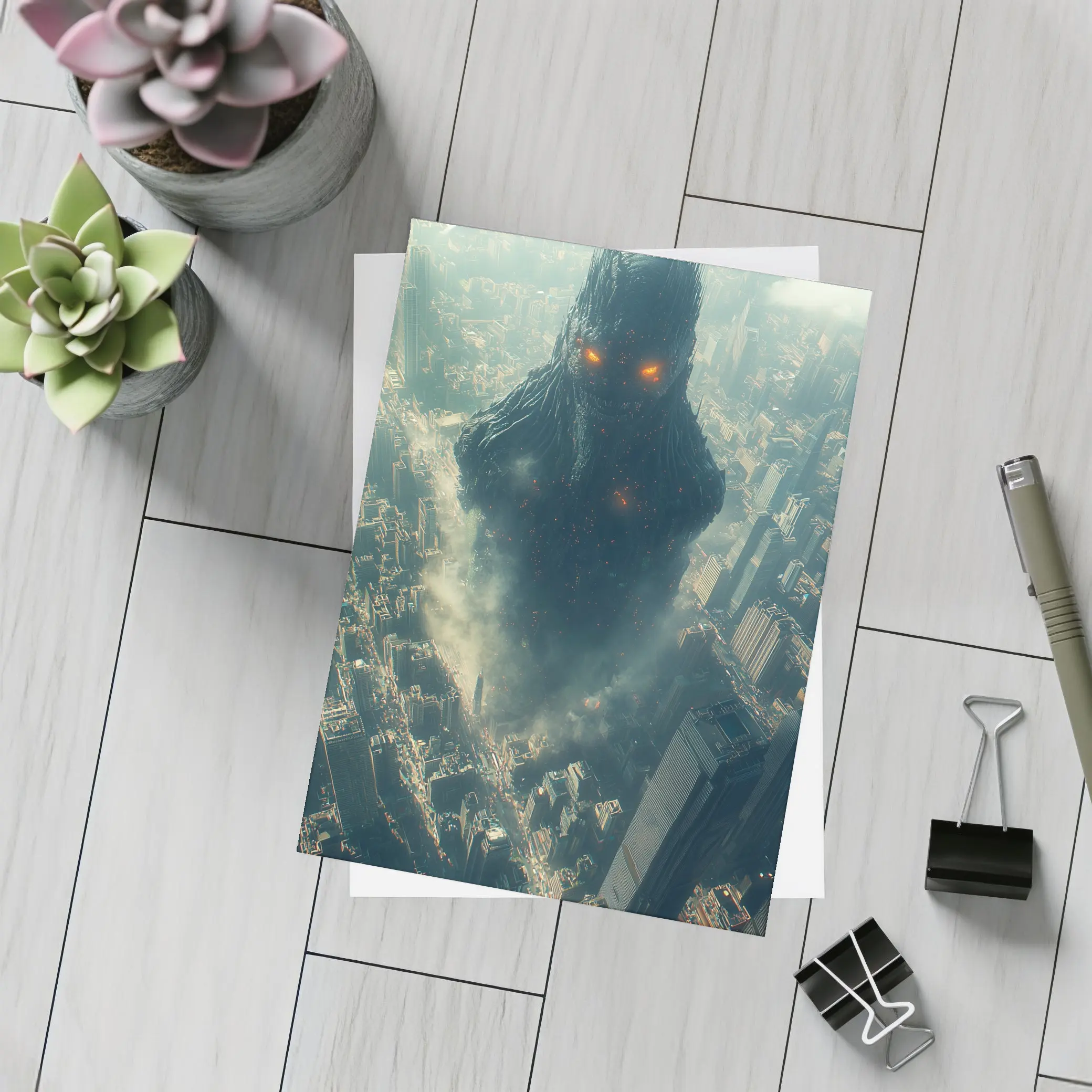 Dark Giant Monster Rising Over City – Postcards
