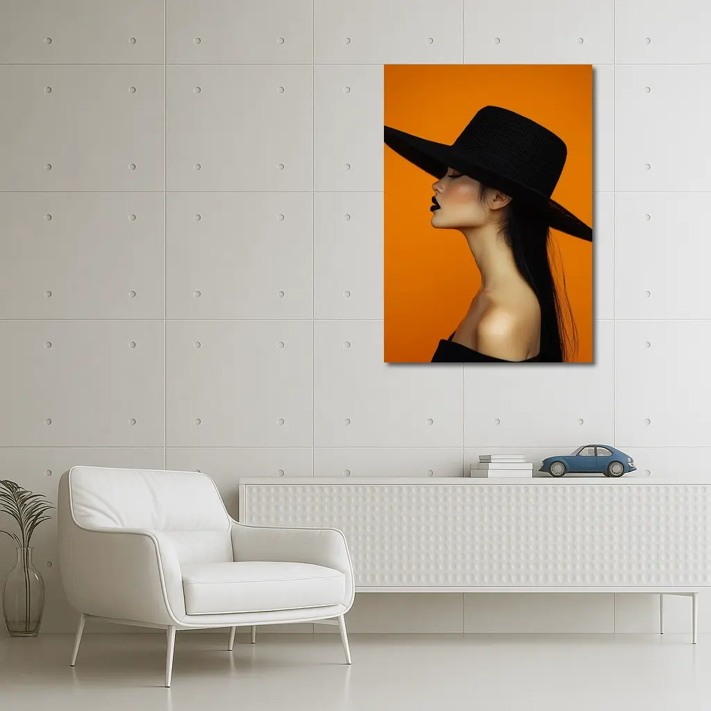 Woman Black Hat Orange Background Fashion Portrait – Wall Art
