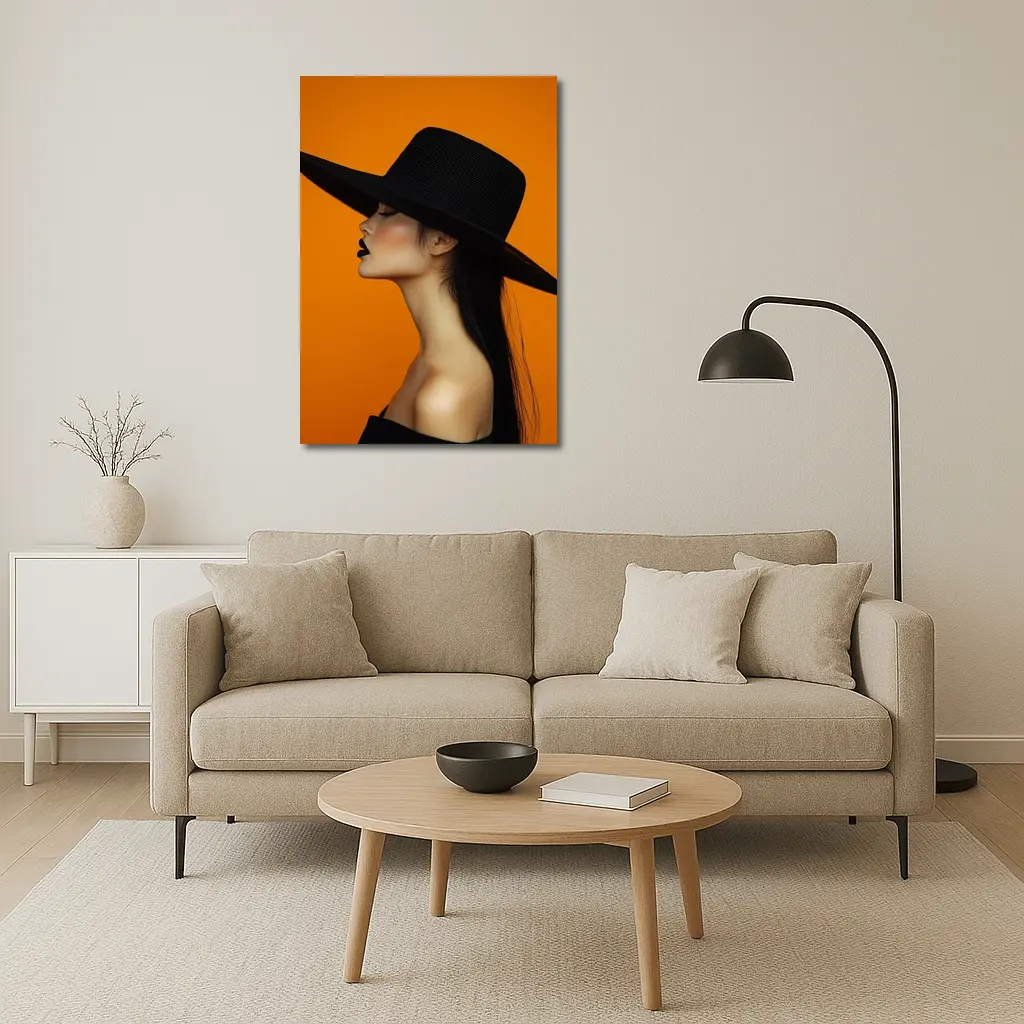 Woman Black Hat Orange Background Fashion Portrait – Wall Art
