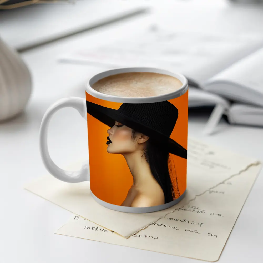 Woman Black Hat Orange Background Fashion Portrait – Mugs