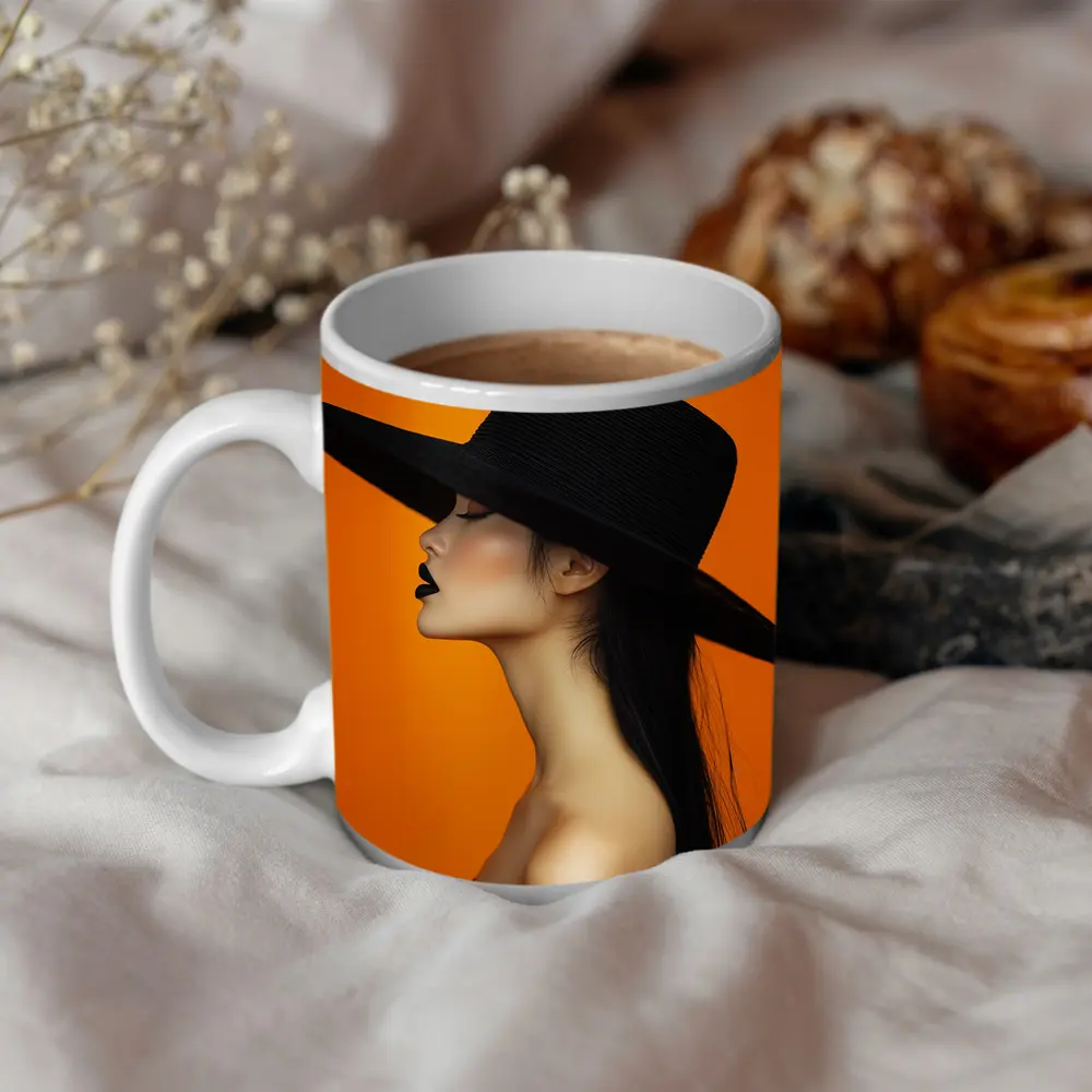 Woman Black Hat Orange Background Fashion Portrait – Mugs