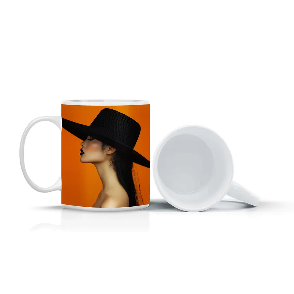 Woman Black Hat Orange Background Fashion Portrait – Mugs