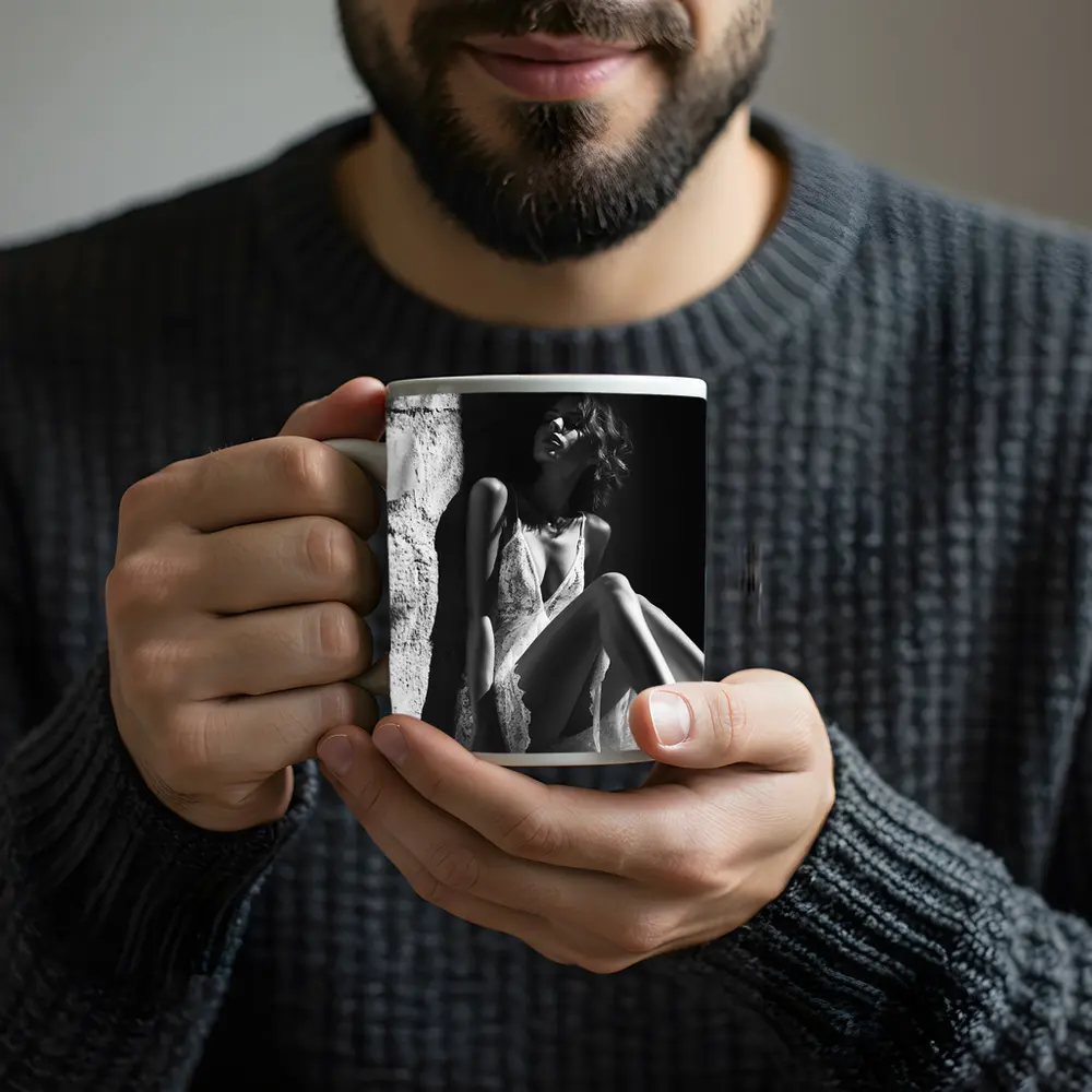 Black and White Woman Lace Dress Portrait – Mugs