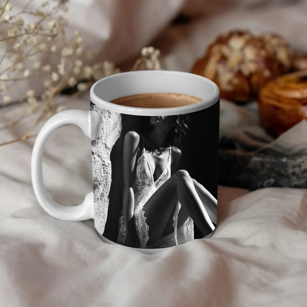 Black and White Woman Lace Dress Portrait – Mugs