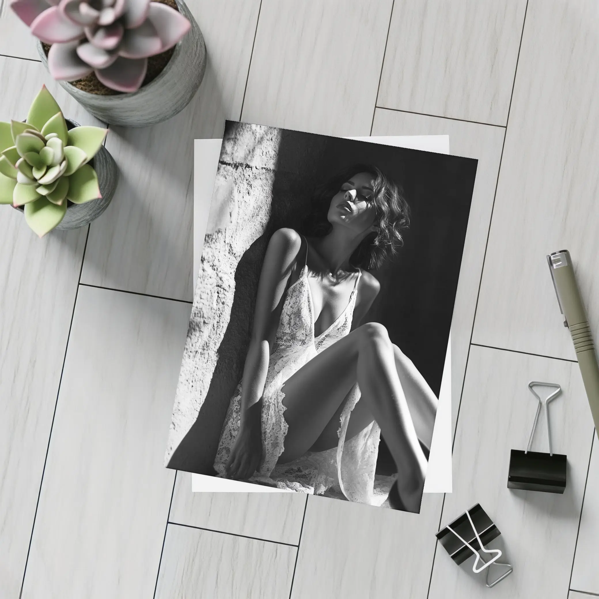 Black and White Woman Lace Dress Portrait – Postcards