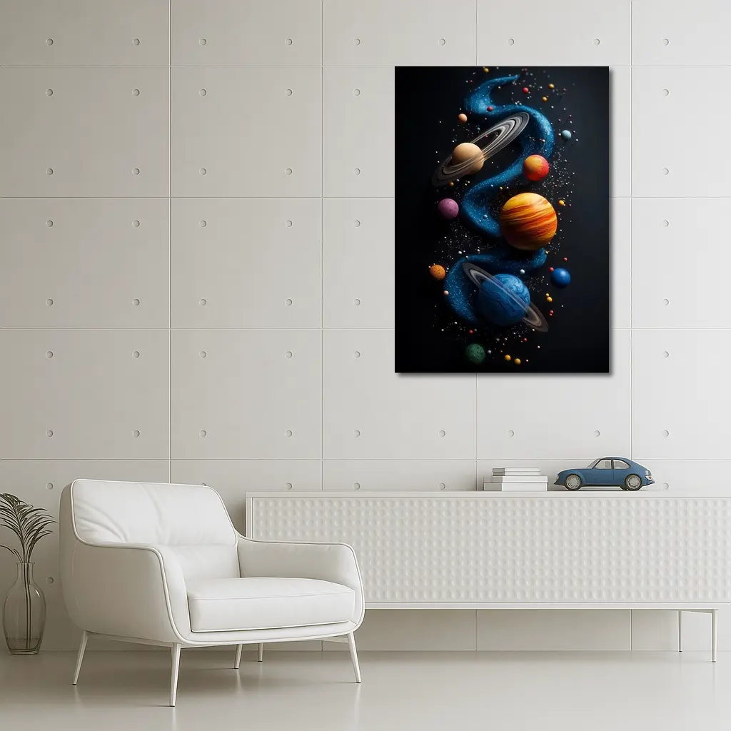 Solar System Planets Swirling Dark Background – Wall Art