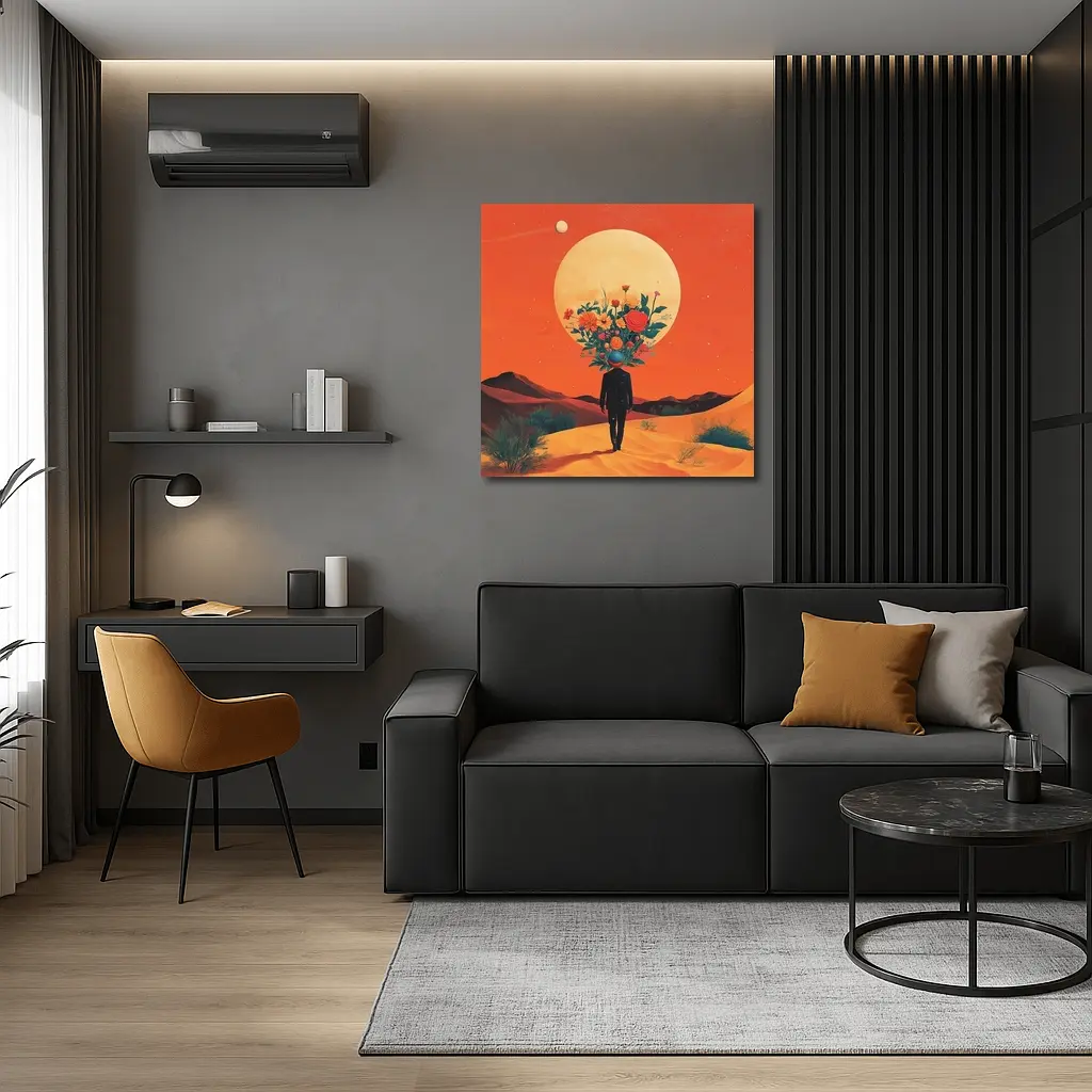 Flower Head Man Desert Surreal Orange Sky – Wall Art