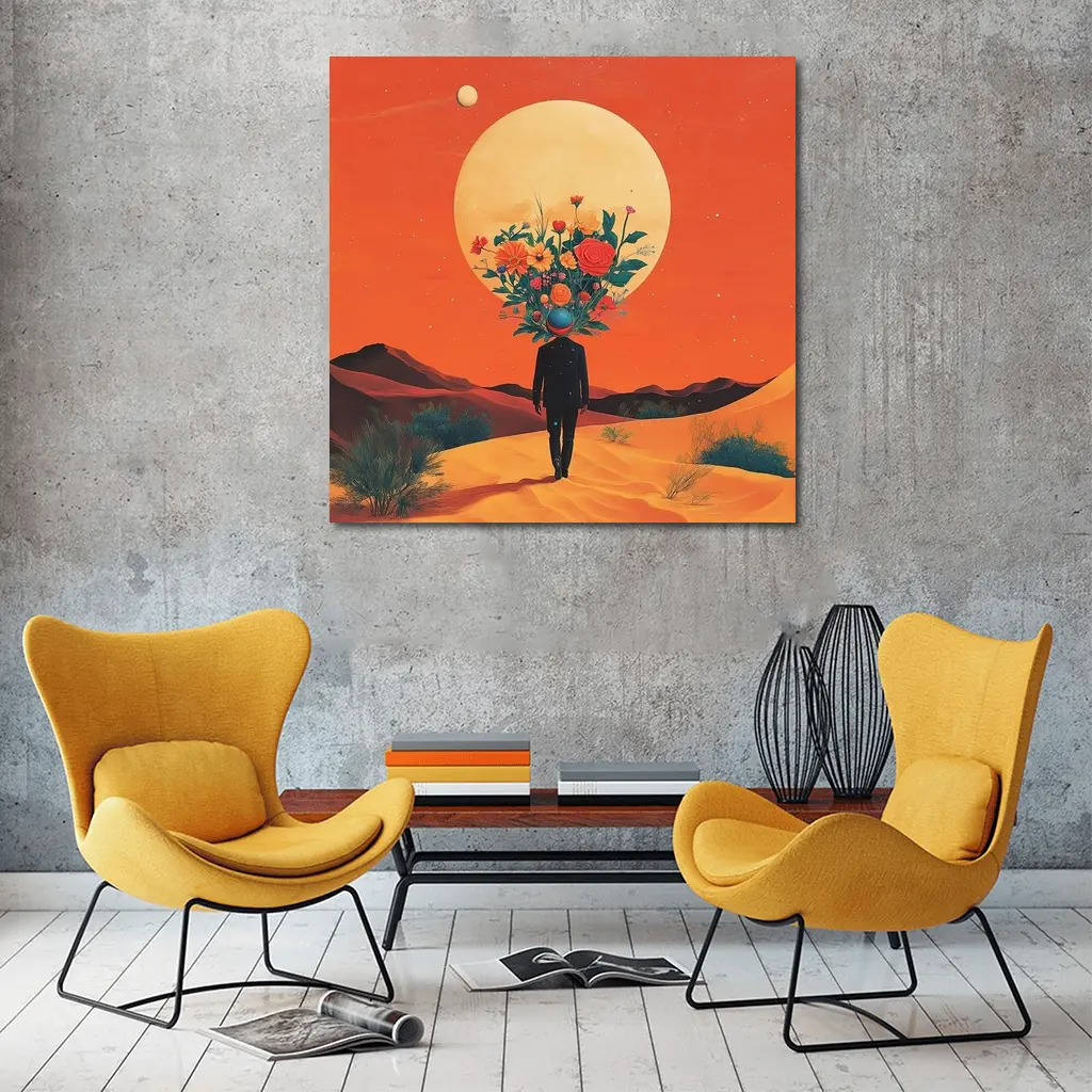 Flower Head Man Desert Surreal Orange Sky – Wall Art