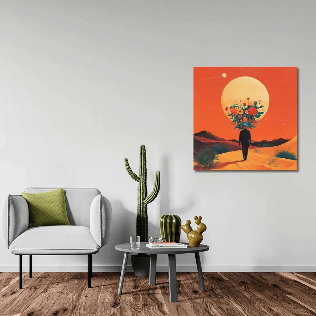 Flower Head Man Desert Surreal Orange Sky – Wall Art